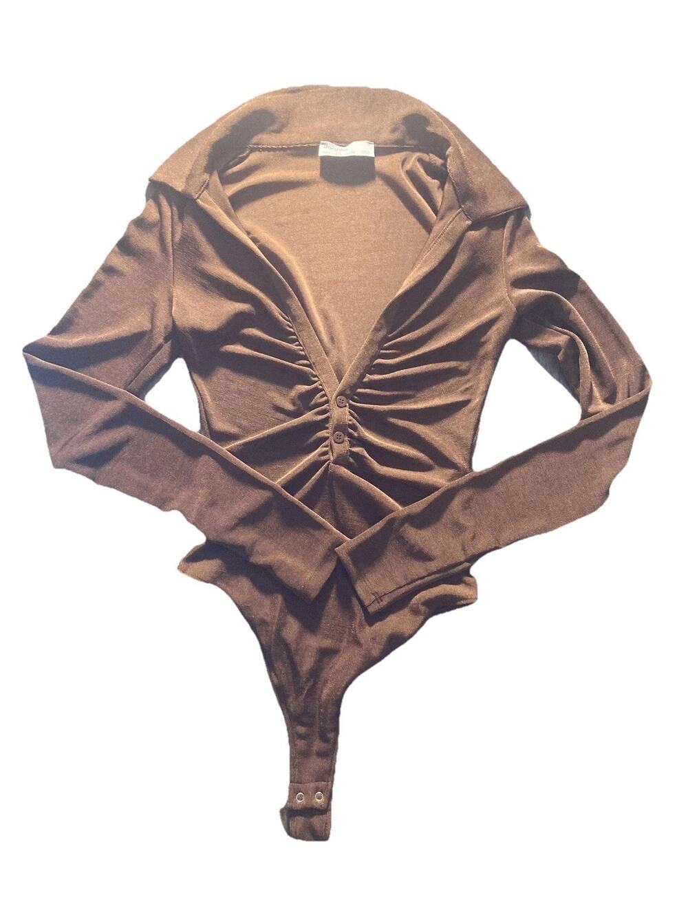 Bershka Bodysuit Womens S Brown Long Sleeve Ruched V Neck Snap Crotch Stretch